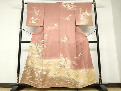 平和屋着物●訪問着　流水草花文　暈し染め　金彩　正絹　逸品　DABF1295ud