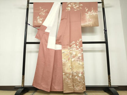 平和屋着物●訪問着　流水草花文　暈し染め　金彩　正絹　逸品　DABF1295ud