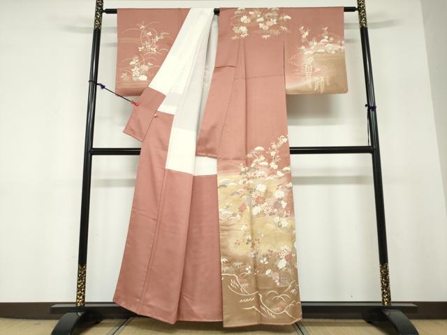 平和屋着物●訪問着　流水草花文　暈し染め　金彩　正絹　逸品　DABF1295ud