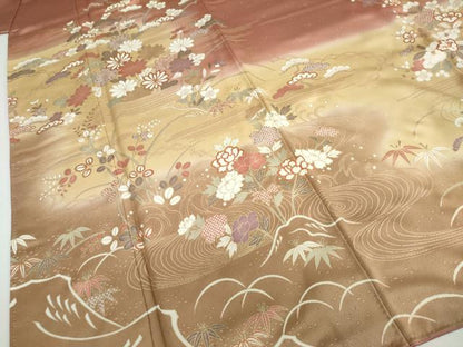 平和屋着物●訪問着　流水草花文　暈し染め　金彩　正絹　逸品　DABF1295ud