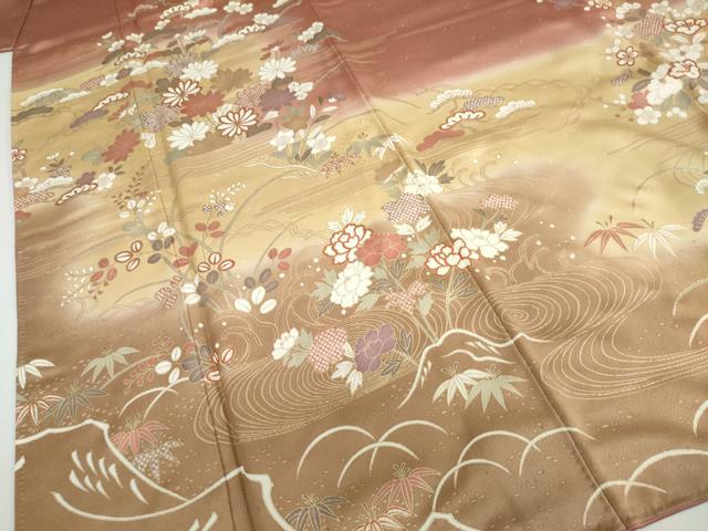 平和屋着物●訪問着　流水草花文　暈し染め　金彩　正絹　逸品　DABF1295ud