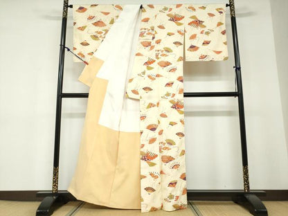 平和屋着物●上質な紬　檜扇文　正絹　逸品　DABF1313ud