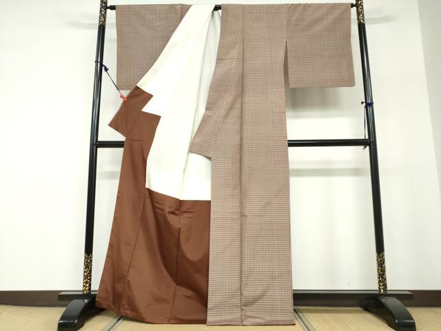 平和屋着物●上質な紬　格子文　正絹　逸品　DABF1317ud