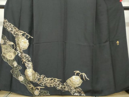 平和屋着物●染織作家　染織デザイナー　大島明　訪問着　道長草花文　黒地　金銀彩　さが美扱い　正絹　逸品　DABF1323ud