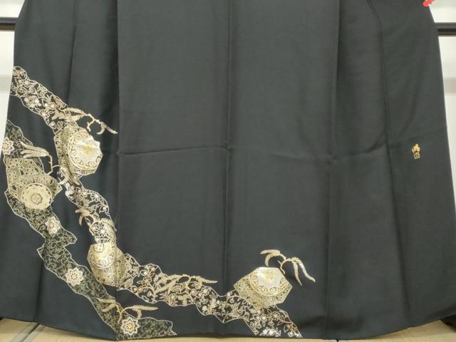 平和屋着物●染織作家　染織デザイナー　大島明　訪問着　道長草花文　黒地　金銀彩　さが美扱い　正絹　逸品　DABF1323ud