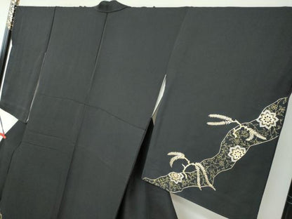 平和屋着物●染織作家　染織デザイナー　大島明　訪問着　道長草花文　黒地　金銀彩　さが美扱い　正絹　逸品　DABF1323ud