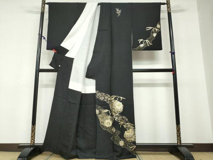 平和屋着物●染織作家　染織デザイナー　大島明　訪問着　道長草花文　黒地　金銀彩　さが美扱い　正絹　逸品　DABF1323ud