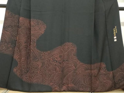 平和屋着物●訪問着　小糸染芸　立波文　黒地　正絹　逸品　DABF1325ud