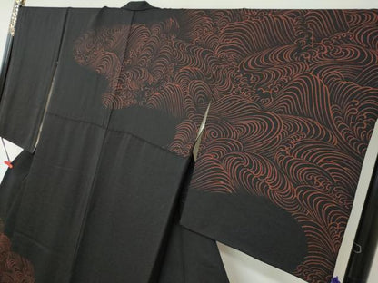 平和屋着物●訪問着　小糸染芸　立波文　黒地　正絹　逸品　DABF1325ud