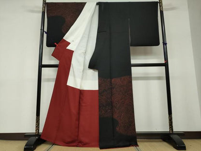 平和屋着物●訪問着　小糸染芸　立波文　黒地　正絹　逸品　DABF1325ud
