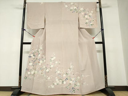 平和屋着物●訪問着　作家物　草花文　鬼しぼ縮緬　正絹　逸品　DABF1326ud