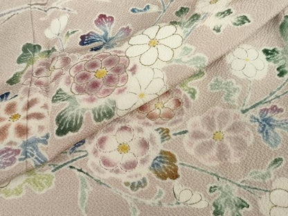 平和屋着物●訪問着　作家物　草花文　鬼しぼ縮緬　正絹　逸品　DABF1326ud