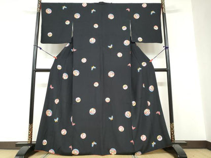 平和屋着物●上質な小紋　手毬花蝶文　黒地　正絹　逸品　DABF1327ud
