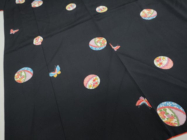 平和屋着物●上質な小紋　手毬花蝶文　黒地　正絹　逸品　DABF1327ud