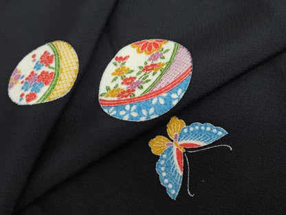 平和屋着物●上質な小紋　手毬花蝶文　黒地　正絹　逸品　DABF1327ud