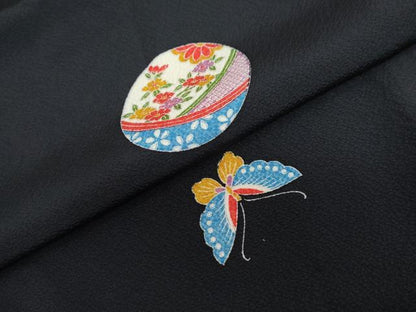 平和屋着物●上質な小紋　手毬花蝶文　黒地　正絹　逸品　DABF1327ud