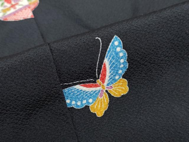平和屋着物●上質な小紋　手毬花蝶文　黒地　正絹　逸品　DABF1327ud