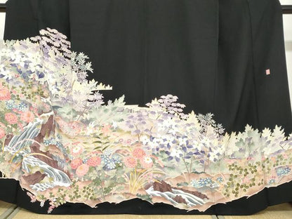 平和屋着物●本加賀友禅作家　浅野冨治男　黒留袖　流水草花文　正絹　逸品　DABF1332ud