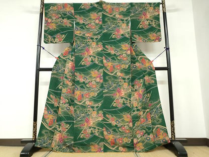平和屋着物●上質な小紋　型染め　花蝶文　鬼しぼ縮緬　正絹　逸品　DABF1336ud