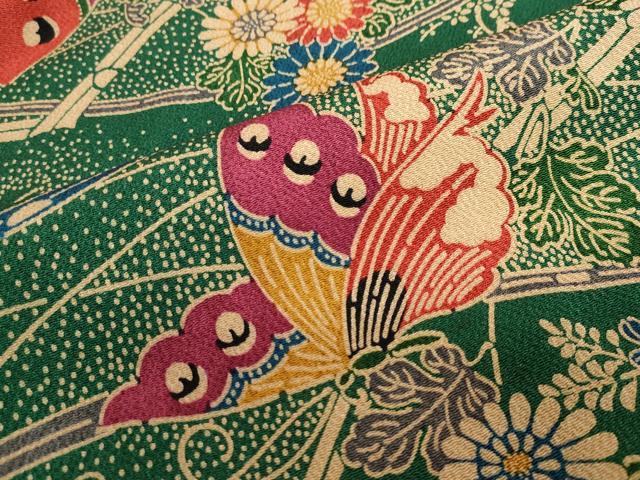 平和屋着物●上質な小紋　型染め　花蝶文　鬼しぼ縮緬　正絹　逸品　DABF1336ud