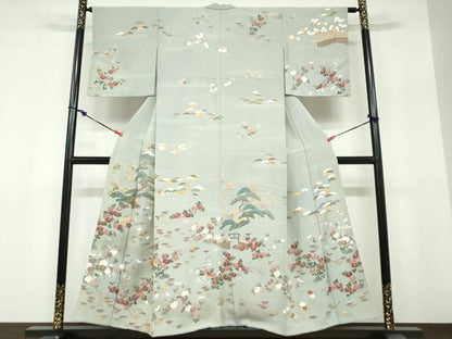 平和屋着物●訪問着　駒刺繍　御所車草花文　金彩　正絹　逸品　DABF1352ud