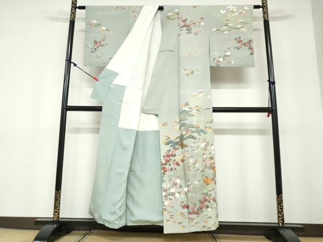 平和屋着物●訪問着　駒刺繍　御所車草花文　金彩　正絹　逸品　DABF1352ud