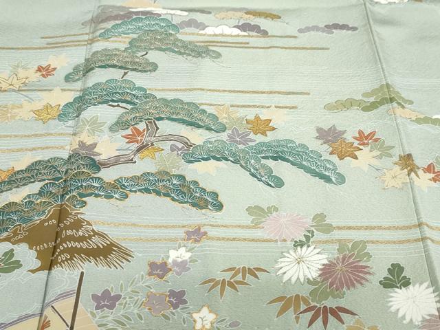 平和屋着物●訪問着　駒刺繍　御所車草花文　金彩　正絹　逸品　DABF1352ud