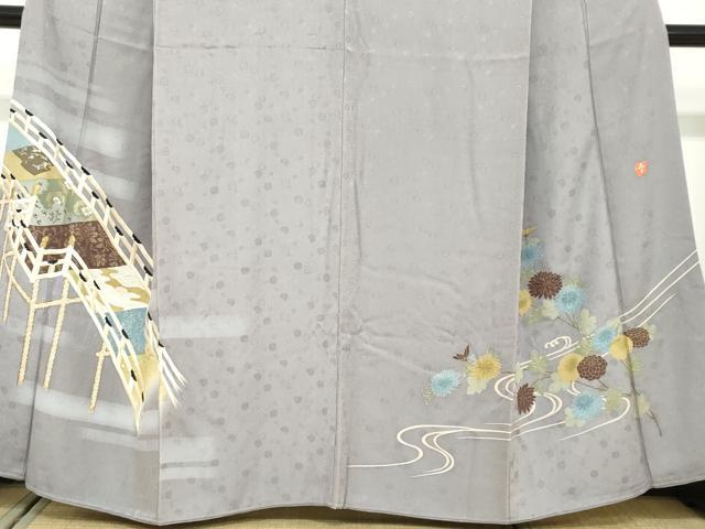 平和屋着物●ファッションデザイナー 花井幸子　色留袖　刺繍　流水渡橋草花文　金彩　正絹　逸品　DABF1353ud