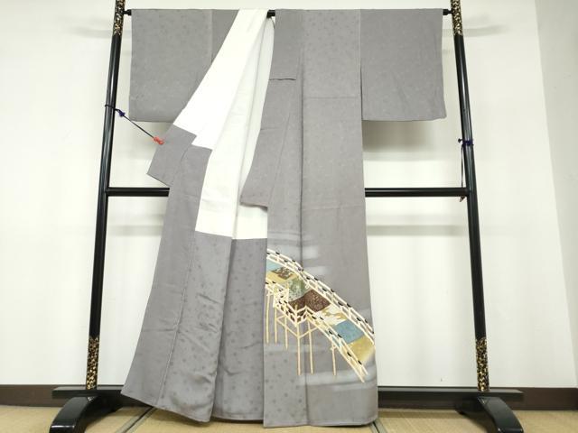 平和屋着物●ファッションデザイナー 花井幸子　色留袖　刺繍　流水渡橋草花文　金彩　正絹　逸品　DABF1353ud