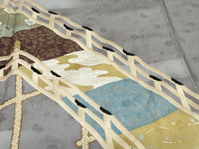 平和屋着物●ファッションデザイナー 花井幸子　色留袖　刺繍　流水渡橋草花文　金彩　正絹　逸品　DABF1353ud