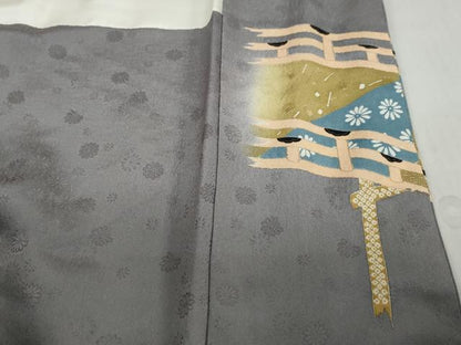平和屋着物●ファッションデザイナー 花井幸子　色留袖　刺繍　流水渡橋草花文　金彩　正絹　逸品　DABF1353ud