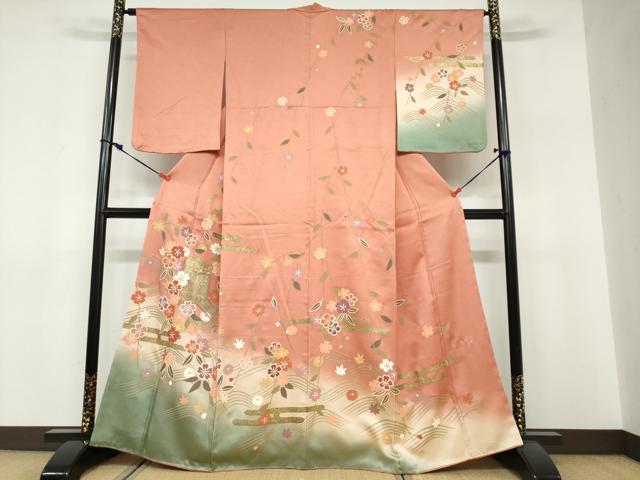 平和屋着物●訪問着 御所車草花丸文 暈し染め 金彩 正絹 逸品 DABF1382ud