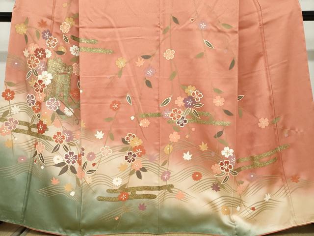 平和屋着物●訪問着 御所車草花丸文 暈し染め 金彩 正絹 逸品 DABF1382ud