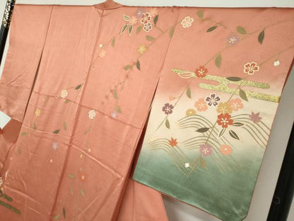 平和屋着物●訪問着 御所車草花丸文 暈し染め 金彩 正絹 逸品 DABF1382ud