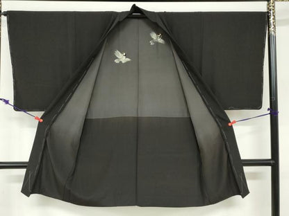 平和屋着物●男性　お召　アンサンブル　長羽織　霞地紋　黒地　正絹　逸品　DABF1386ud
