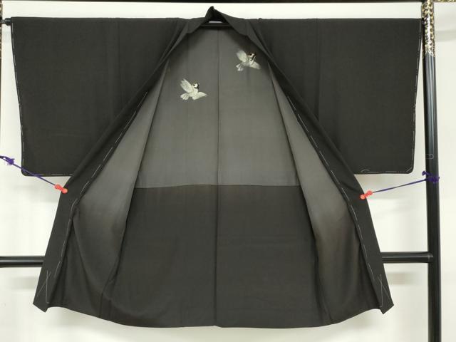 平和屋着物●男性　お召　アンサンブル　長羽織　霞地紋　黒地　正絹　逸品　DABF1386ud