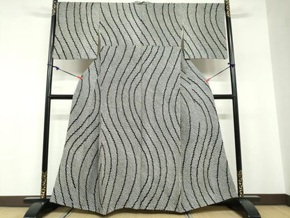 平和屋着物●上質な小紋 総絞り 変わり縞 黒地 正絹 逸品 DABF1391ud
