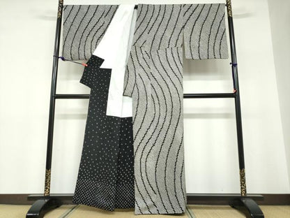 平和屋着物●上質な小紋 総絞り 変わり縞 黒地 正絹 逸品 DABF1391ud