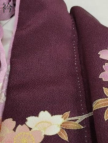平和屋着物●西陣　京の名門　じゅらく謹製　帝王紫　小振袖　二尺袖　駒刺繍　枝桜文　鬼しぼ縮緬　正絹　逸品　DABF1398ud