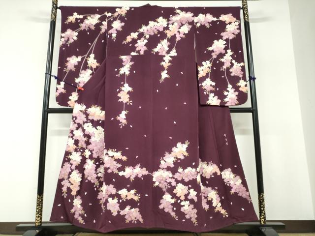 平和屋着物●西陣　京の名門　じゅらく謹製　帝王紫　小振袖　二尺袖　駒刺繍　枝桜文　鬼しぼ縮緬　正絹　逸品　DABF1398ud