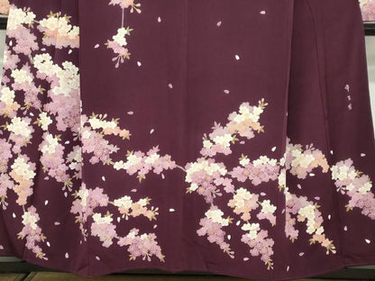 平和屋着物●西陣　京の名門　じゅらく謹製　帝王紫　小振袖　二尺袖　駒刺繍　枝桜文　鬼しぼ縮緬　正絹　逸品　DABF1398ud