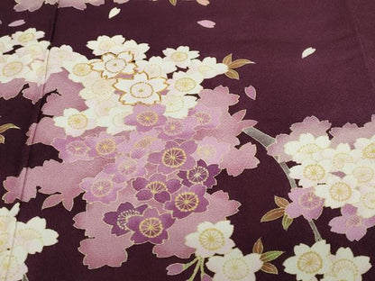 平和屋着物●西陣　京の名門　じゅらく謹製　帝王紫　小振袖　二尺袖　駒刺繍　枝桜文　鬼しぼ縮緬　正絹　逸品　DABF1398ud