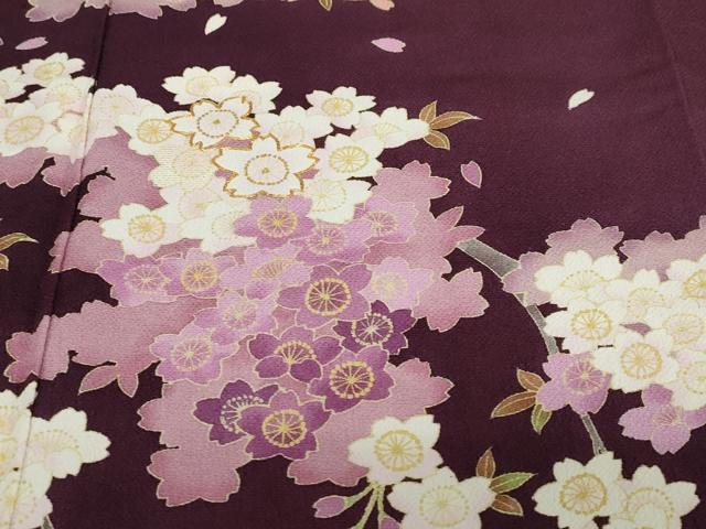 平和屋着物●西陣　京の名門　じゅらく謹製　帝王紫　小振袖　二尺袖　駒刺繍　枝桜文　鬼しぼ縮緬　正絹　逸品　DABF1398ud