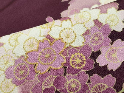平和屋着物●西陣　京の名門　じゅらく謹製　帝王紫　小振袖　二尺袖　駒刺繍　枝桜文　鬼しぼ縮緬　正絹　逸品　DABF1398ud