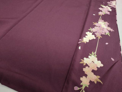 平和屋着物●西陣　京の名門　じゅらく謹製　帝王紫　小振袖　二尺袖　駒刺繍　枝桜文　鬼しぼ縮緬　正絹　逸品　DABF1398ud