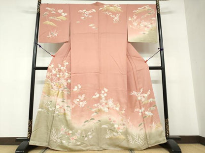 平和屋着物●訪問着　駒刺繍　流水草花文　暈し染め　金彩　正絹　逸品　DABF1401ud
