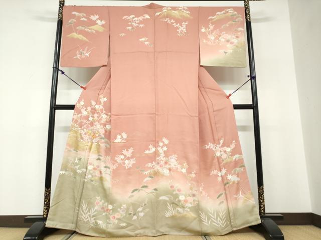 平和屋着物●訪問着　駒刺繍　流水草花文　暈し染め　金彩　正絹　逸品　DABF1401ud