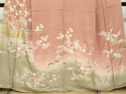 平和屋着物●訪問着　駒刺繍　流水草花文　暈し染め　金彩　正絹　逸品　DABF1401ud