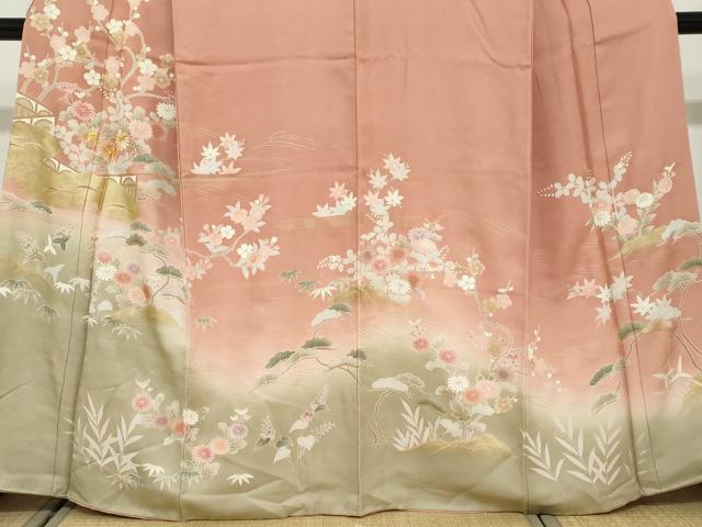 平和屋着物●訪問着　駒刺繍　流水草花文　暈し染め　金彩　正絹　逸品　DABF1401ud