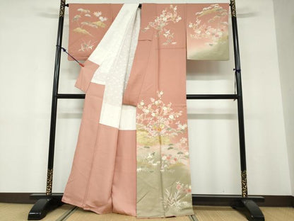 平和屋着物●訪問着　駒刺繍　流水草花文　暈し染め　金彩　正絹　逸品　DABF1401ud
